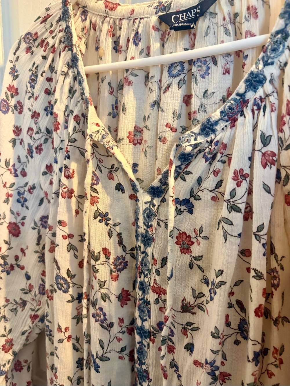 Chaps Cream Floral Peasant Blouse with Blue Trim - Picture 3 of 7